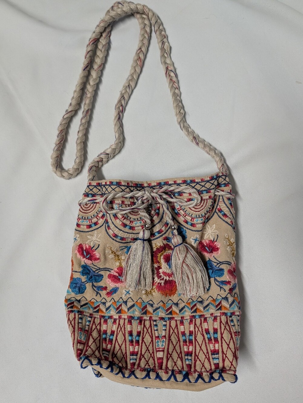 Johnny Was Embroidered Tassel Crossbody with Multicolor Floral Stitching NWOT